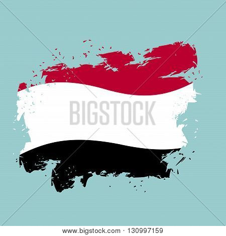Yemen Flag Grunge Style On Blue Background. Brush Strokes And Ink Splatter. National Symbol Of Yemen
