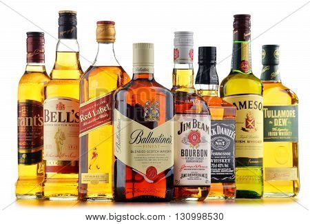 POZNAN POLAND - MAY 17 2016: Whiskey is the most popular liquor in the world. Originated probably in Ireland now it is produced also in India Scotland USA Canada and Japan with over 230 millions of 9 liter cases sold in 2014