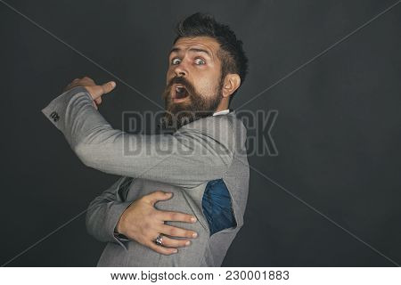 Hipster Chose Small Size Jacket, Seam Torn Under Armpit. Surprised Guy Bought Counterfeit Or Fake Br
