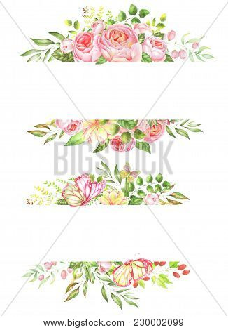 Delicate Watercolor Set Of Floral Border Elements And Wreath On Isolated White Background In High Re