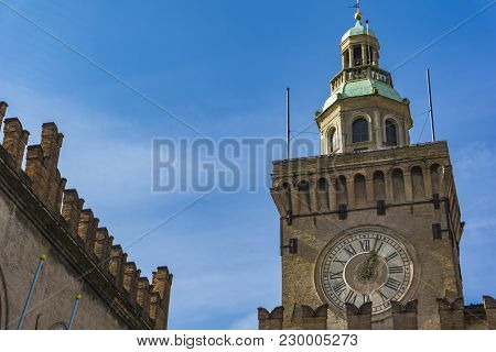 View At Clock Tower On Palazzo Comunale In Bologna. Italy