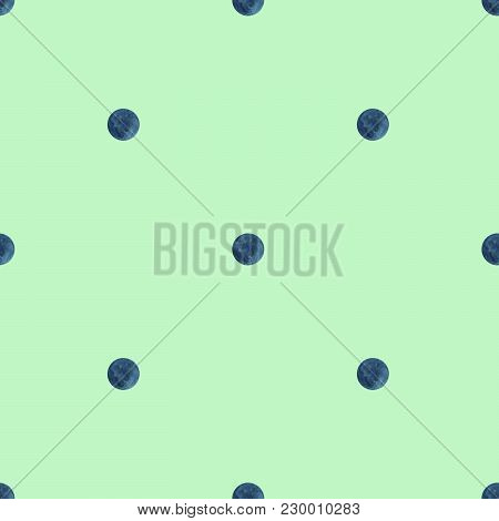 Polka Dot Seamless Pattern. Watercolor Blue Circles On Lightgreen Background. Green Texture Drawn By