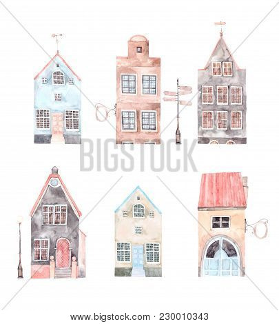 Watercolor Illustration. Old Town City.  Cityscape - Houses, Buildings, Pointer. Europe. Perfect For