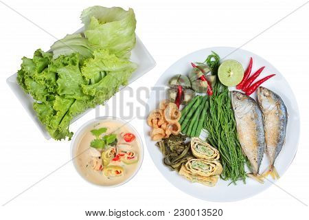Coconut Milk And Fermented Soy Bean Sauce Call Toa Jiaw Loan In Thai And Dish Of Deep Fired Mackarel