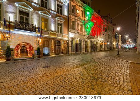 Street In Night Lighting In The Historic Center Of The Old Town. Lithuania. Vilnius.