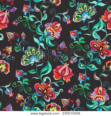 Decorative Fairy Flowers At Dark Background. Repeating Pattern. Watercolor In Eastern European Folk