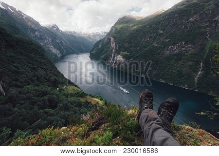 Breathtaking view of Sunnylvsfjorden fjord and famous Seven Sisters waterfalls, near Geiranger village in western Norway.