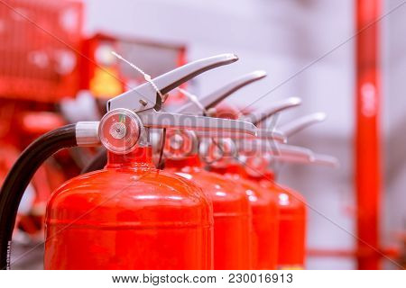 Red Tank Of Fire Extinguisher Overview Of A Powerful Industrial Fire Extinguishing System.