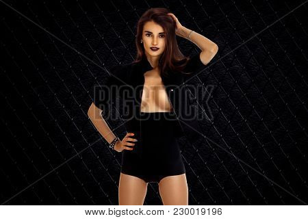 Young Beautiful Girl In Black Dress With Nude Sexual Breast Isolated On White Background