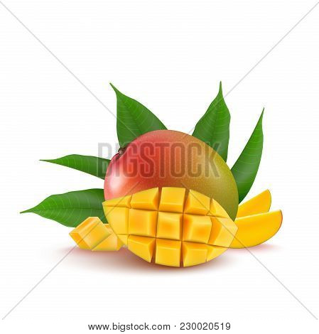 Mango Fruit For Fresh Juice, Jam, Yogurt, Pulp. 3d Realistic Yellow, Red, Orange Ripe Mango Cubes An