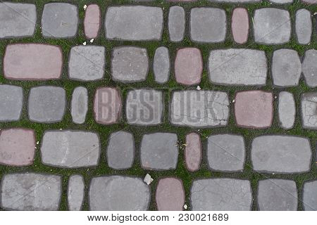 Surface Of Concrete Setts Of Different Sizes With Moss In Joints