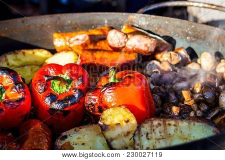 Freshly Cooked Grilled Vegetables, Tomatoes, Mushrooms, Eggplant, Pepper ...