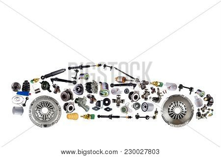 Passenger Car Assembled From New Spare Auto Parts For Shop Aftermarket. Isolated On White Background