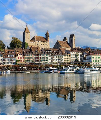 Rapperswil, Switzerland - 7 September, 2015: View Of The Historic Part Of The Town Over Lake Zurich.