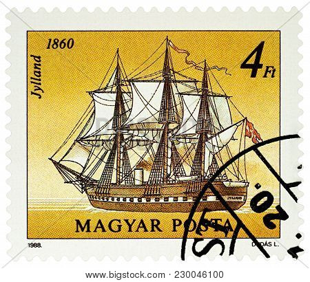 Moscow, Russia - March 07, 2018: A Stamp Printed In Hungary Shows Danish Frigate Jylland (1860), Ser