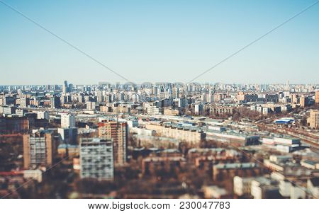 True Tilt-shift View Form Hight Point Of The Urban Cityscape: A Residential District With Many House