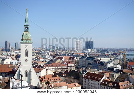 Bratislava, Slovakia - March 8, 2017: View Of Bratislava And The Cathedral Of St. Martin From Bratis