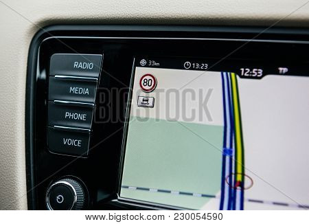 Frankfurt, Germany - Feb 2, 2018: Car Gps Infotainment Display System Showing Lanes Speed Limit To 8