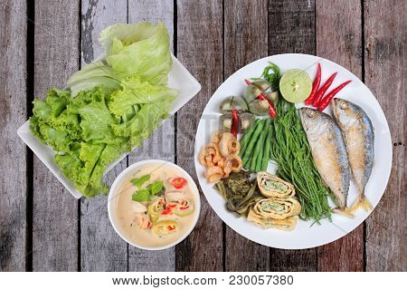 Coconut Milk And Fermented Soy Bean Sauce Call Toa Jiaw Loan In Thai And Dish Of Deep Fired Mackarel