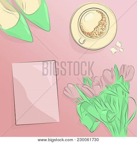 Women's Day Close Up With Cup Of Coffee, Shoes, Flowers,marshmellows And A Postcard