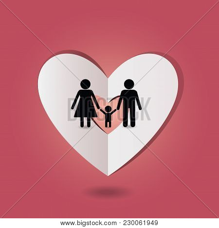 Family On Paper Heart Background, Vector Illustration