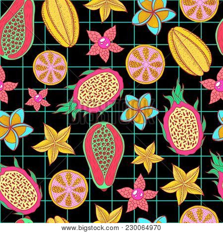 Tropical Fruit Seamless Pattern On Black Background. Colorful Graphic Food Design. Doodle Vector Ill