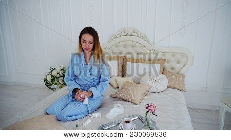 Cute Female Taking Cold Pill In Hand And Puts Aside And Showing Gesture Refuses Pharmaceuticals. You