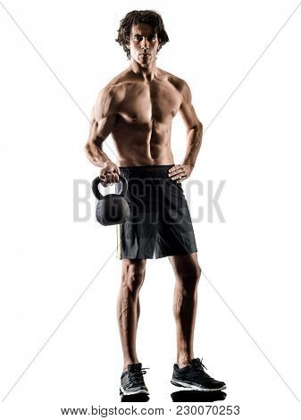 one caucasian man fitness weitghs training exercises  studio in silhouette isolated on white background