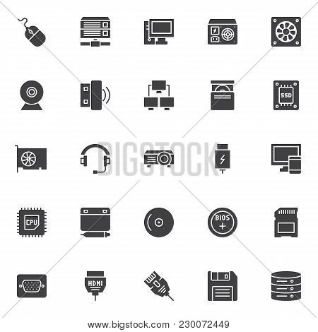 Computer Device Elements Vector Icons Set, Modern Solid Symbol Collection, Filled Style Pictogram Pa