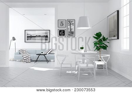 Modern Scandinavian Interior  Style ,dining Room Decorating  Design Concept,,3drender