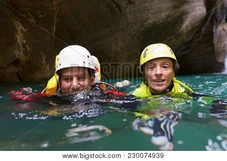 Canyoning in Gorgol Canyon, Tena Valley, Pyrenees, Huesca Province, Aragon, Spain.