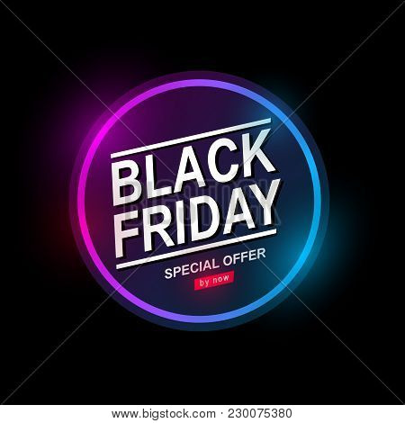 Black Friday, Big Sale, Neon Light, Signboard With Discounts From Gas Tubes Of Blue Glow, Creative T