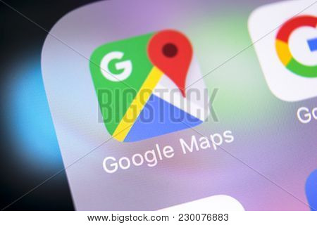 Sankt-petersburg, Russia, March 8, 2018: Google Maps Application Icon On Apple Iphone X Screen Close