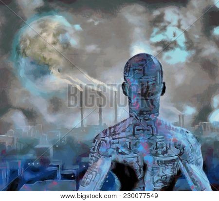 Surreal painting. Droid stands before futuristic city. Terraformed moon in the sky. 3D rendering