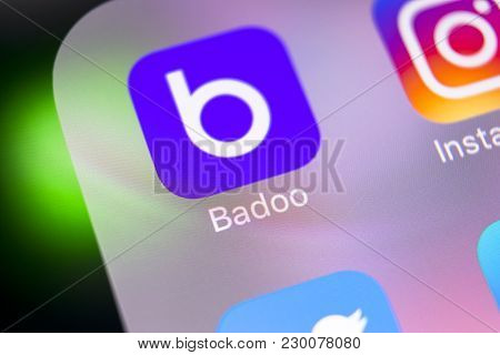 Sankt-petersburg, Russia, March 8, 2018: Badoo Application Icon On Apple Iphone X Screen Close-up. B