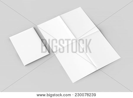 8 Page Leaflet - French Fold Right Angle Vertical Brochure Mock Up Isolated On Soft Gray Background.