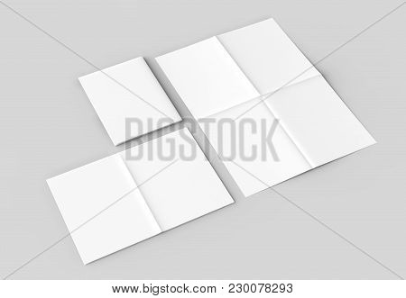 8 Page Leaflet - French Fold Right Angle Vertical Brochure Mock Up Isolated On Soft Gray Background.