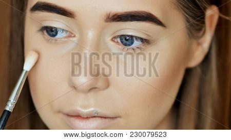 Makeup Face. Girl Make-up Artist Treats Face Powder.