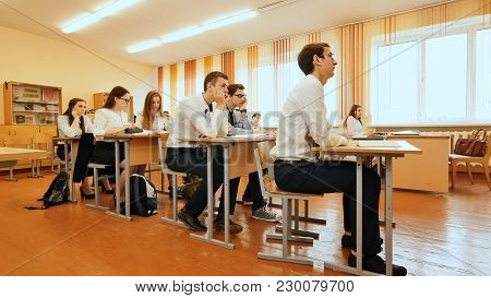 Students In The Classroom Are At Their Desks. Russian School