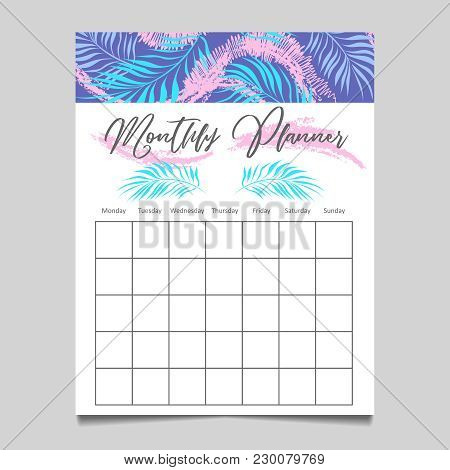 Monthly Planner Template Design With Nature And Hand Drawn Elements. Vector Illustration