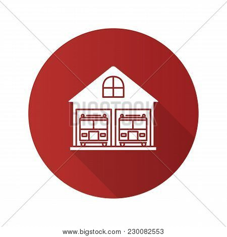 Fire Station Flat Design Long Shadow Glyph Icon. Firehouse. Garage With Two Fire Trucks. Vector Silh