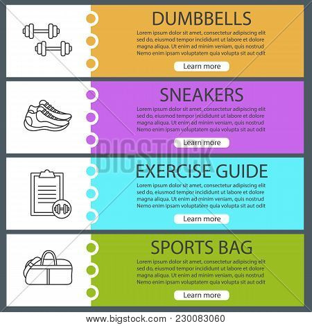 Fitness Web Banner Templates Set. Sport Equipment. Dumbbells, Sneakers, Exercise Guide, Duffle Handb