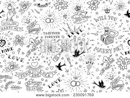 Old School Tattoos Seamles Pattern With Birds, Flowers, Roses And Hearts. Love And Wedding Theme. Bl