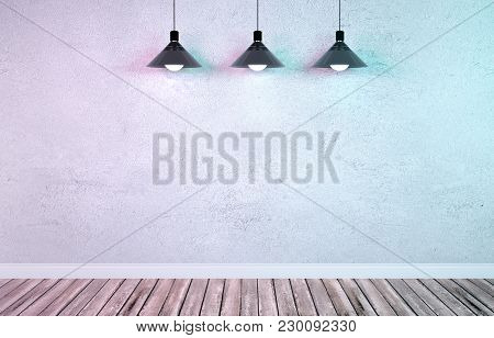 Interior Room With Textured White Concrete Cement Wall, Wooden Floor And Plinth. Underground Showroo