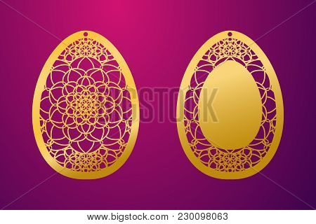 Laser Cut Happy Easter Egg. Vector Stencil Ornamental Easter Egg With Carved Openwork Floral Pattern