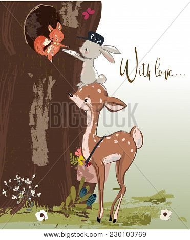 Cute Little Deer With Congratulatory Letter And Hare