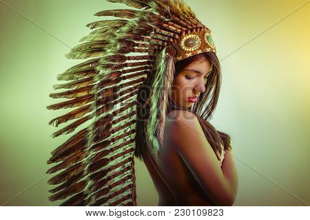 Ethnic Beautiful young brunette with big American Indian plume of brown feathers. has long black hair