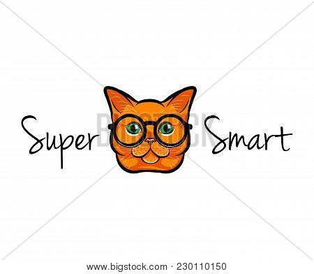 Vector Illustration Portrait Of Smart Red Cat. Cat In Glasses. Cat Geek. Vector Illustration. Super 