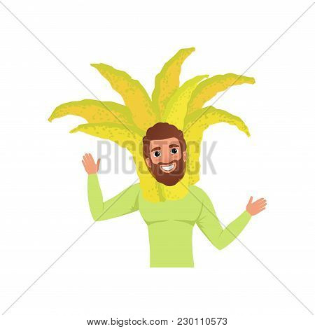 Smiling Man Character In Fingered Citron Fruit Headwear, Vector Illustration Isolated On A White Bac