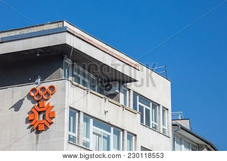 Sarajevo, Bosnia - February 16, 2018: Logo Of The Sarajevo 1984 Winter Olympic Games On A Dilapidate